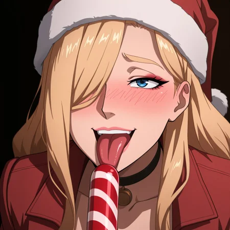 (C4NDYC4N3:1.4), an anime style image, absurdres, best quality, hyper-detailed, dynamic, (E55IL1TTL3EY3:1.4) an adult female is licking a candy cane, Anime coloring, (1girl), (solo) wavy hair, long hair, hair over one eye, blue eye, blonde hair, breasts, large breasts, pink lips, collarbone, makeup, blonde eyebrows, choker, anime coloring, makeup, blushing, embarrassed, eyelashes, (licking), C4NDYC4N3, candy cane. tongue out, tongue, upper teeth, smile, face focus, looking to the side, blushing, embarrassed, red coat, santa hat, christmas, masterpiece, best quality, good quality, newest,