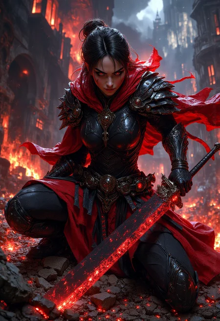 high detail,masterpiece,4K resolution, sharp, anime illustration of a Spawn cinematic Action Scene of a woman. she is looking like Mulan. her traditional warrior armor has been transformed into dark, metallic red and black armor that fuses with Spawn’s iconic look. Her sword is now covered in glowing runes, and her armor is enhanced with spiked shoulder pads and clawed gauntlets. Her hair is loosely tied back, but with streaks of glowing crimson running through it. she is crouched low, mid-battle, with her sword raised and ready to strike. Black energy swirls around her. Her expression is intense, showing her fearless warrior spirit as she prepares for combat.A burning battlefield with ruins of an ancient palace behind her. The ground is littered with broken weapons and smoldering fires. Dark, smoky clouds hang low in the sky, illuminated by flashes of red lightning, creating a sense of chaos and destruction in the scene