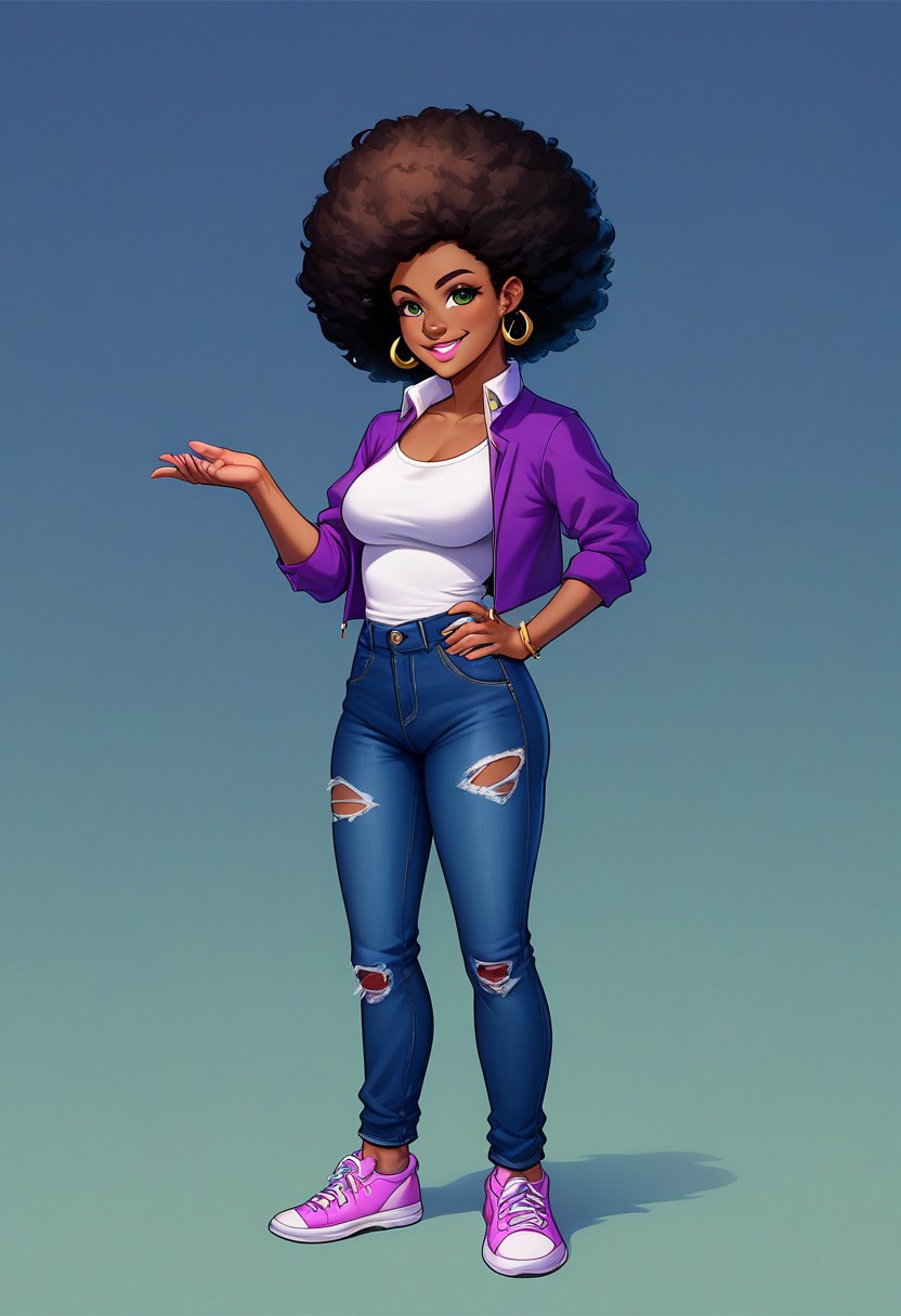 score_9, score_8_up, score_7_up, score_6_up, Casgas, BREAK 1girl, woman, young, solo, smile, medium breasts, thin, light green eye shadow, pink lips, dark green eyes, fluffy thick hair, afro hairstyle, dark brown hair, gold earrings rings on the left ear, light green bandage around the neck, purple cropped jacket with white lapel and cuffs, rolled sleeves to the elbows, light green T-shirt, dark purple cropped jeans with a torn bottom, pink sneakers with yellow stripes and white laces, BREAK right hand on hip, left hand down, standing, full body, semi-sideways, half-sideways, BREAK green blurred background