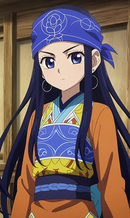 anime artwork Asirpa, blue hair, blue eyes, long hair,blue bandana, ear piercing,petite,flat chested,masterpiece,best quality,8k highres,detailed . anime style, key visual, vibrant, studio anime, highly detailed