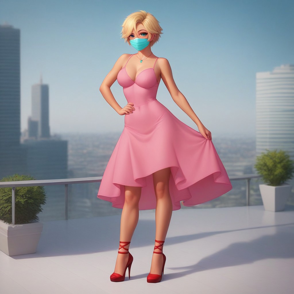 score_9, score_8_up, score_7_up, zPDXL3, NEGATIVE_HANDS, beautiful aesthetic, very intricate details, high quality details, realistic, highres, HD, 1 girl, solo, BREAK, cyan face mask, blonde hair, short hair, cyan eyes, purple necklace, covered neck, pink dress, red high heels, thin body, standing, hand on hips, happy smiling, sexy, BREAK, city