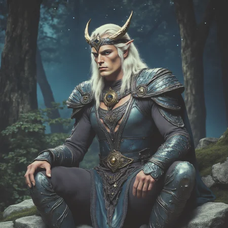 ArsMovieStill, 80s Fantasy Movie Still, The image is a digital illustration of a man sitting on a rock in a forest. He is wearing a full suit of armor with horns on his head and a star-shaped necklace around his neck. The armor is made of metal and has intricate designs and patterns. The man has long white hair and is looking off to the side with a serious expression on his face. The background is filled with trees and bushes and the sky is dark and starry. The overall mood of the image is ominous and mysterious., 1boy, male focus, horns, solo, pointy ears, armor, tree, gauntlets, white hair, sitting