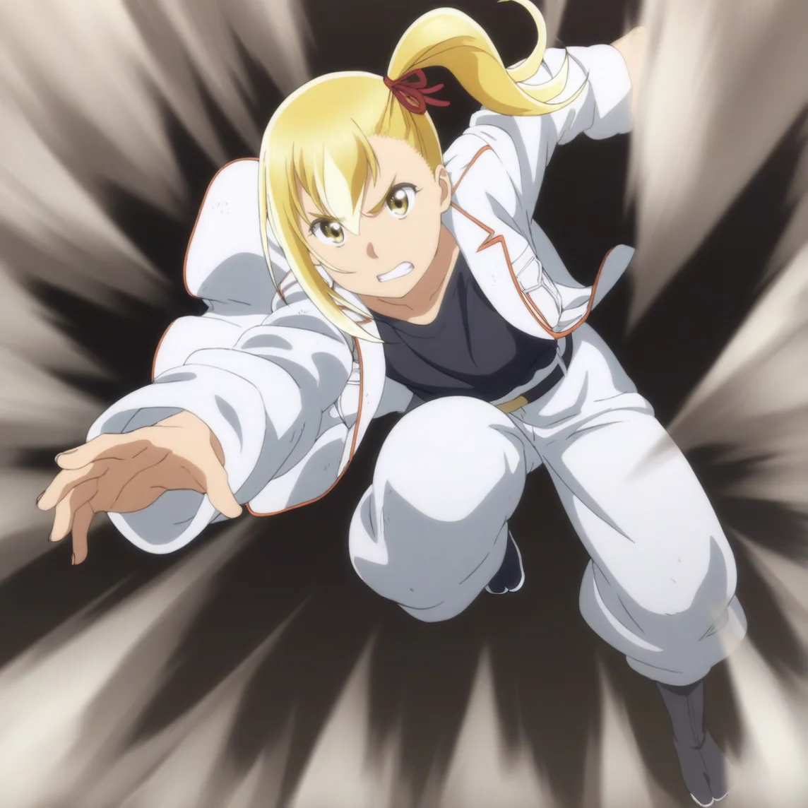 sharp focus, masterpiece, source_anime, (anime_screencap:1.2), absurd res, best quality, BREAK
<lora:Anzu_hinamatsuri_IL_v0.8:1>, anzu_il, 1girl, solo, blonde_hair, right_side_bang, hair_between_eyes, side_ponytail, yellow_eyes, hair_ribbon, white_jacket, long_jacket, black_shirt, belt, white_pants, jika-tabi, full body, black background