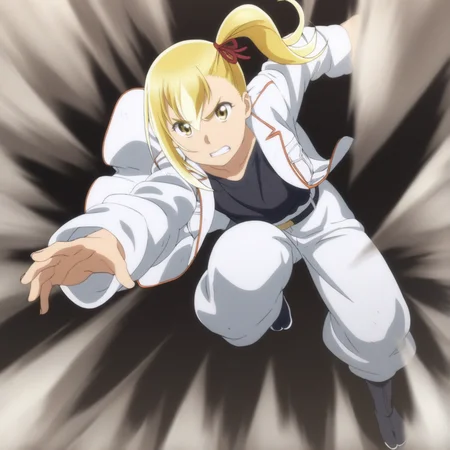 sharp focus, masterpiece, source_anime, (anime_screencap:1.2), absurd res, best quality, BREAK
<lora:Anzu_hinamatsuri_IL_v0.8:1>, anzu_il, 1girl, solo, blonde_hair, right_side_bang, hair_between_eyes, side_ponytail, yellow_eyes, hair_ribbon, white_jacket, long_jacket, black_shirt, belt, white_pants, jika-tabi, full body, black background