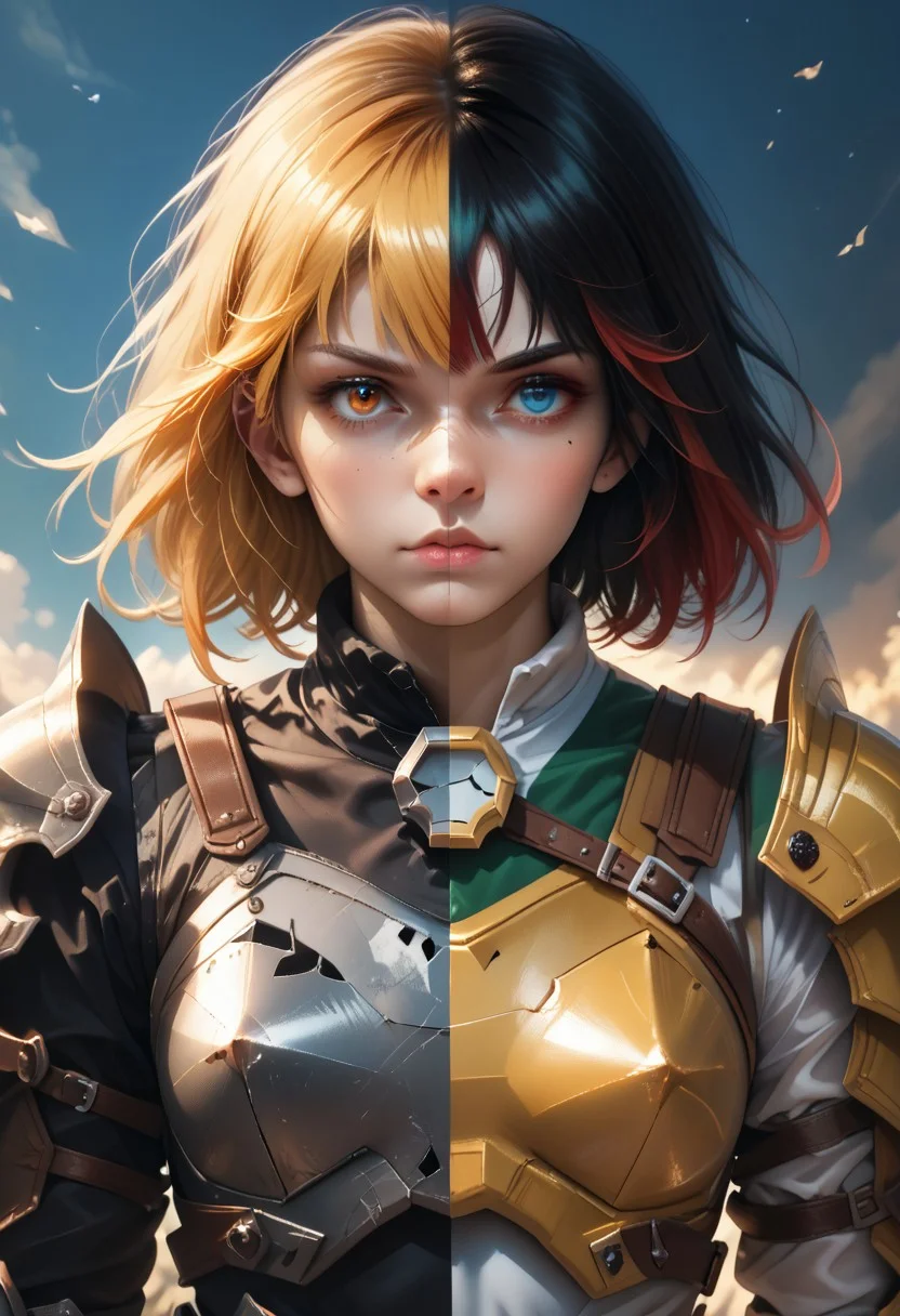 score_9_up, score_8_up, score_7_up, REALISTIC, DUALITY SEGMENTATION,
MIX OF (girl)AND (armor furry),
HETEROCHROMIA, SPLIT-COLOR HAIR