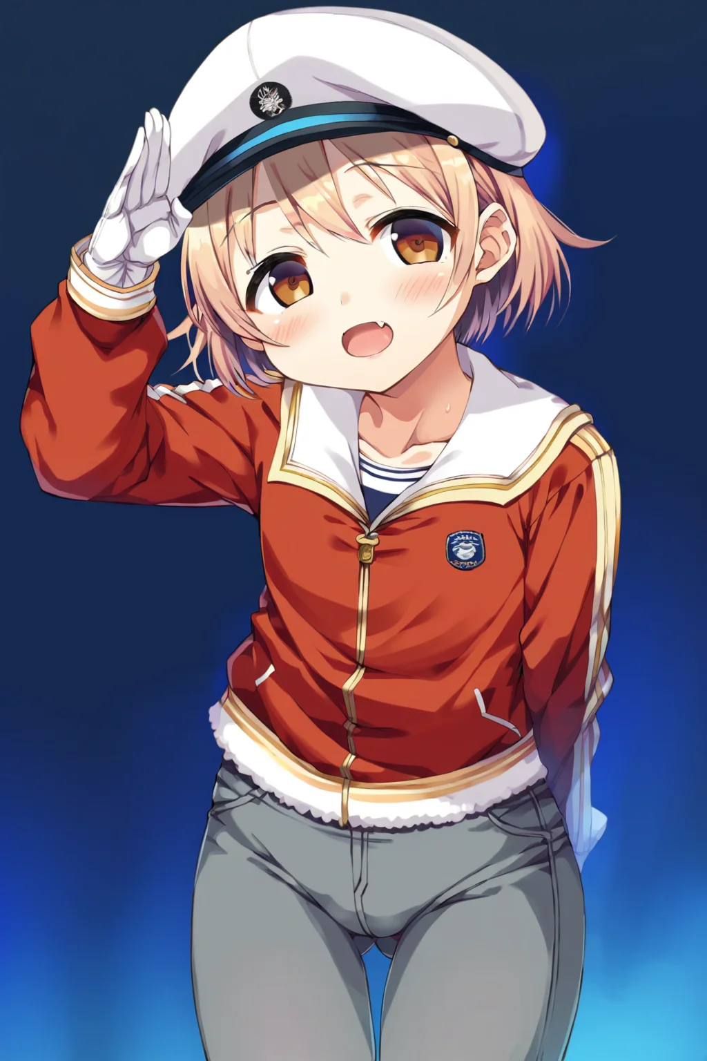 core_9,score_8_up,uncensored,1girl,<lora:CURA_pony_V2:0.9>,reina,1girl,solo,black background,blush,hat,pants,jacket,long sleeves,looking at viewer,open mouth,bangs,brown eyes,standing,salute,gloves,parted bangs,fang,arm up,grey pants,white headwear,short hair,flat chest,