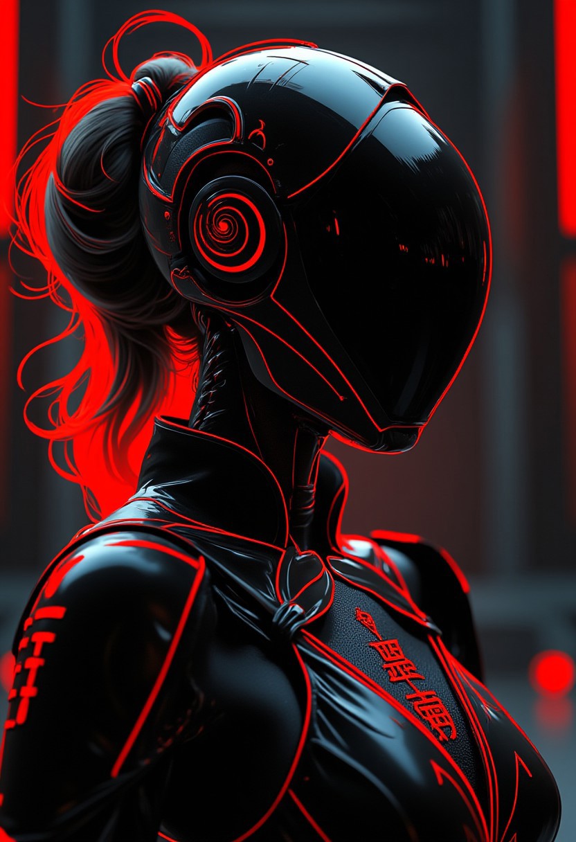 BNR style, photorealistic image of a cyberpunk robot samurai woman in black and red armour, robot face with mirrored face shield reflecting light, hyperdetailed helmet, robot joints and wires, dark abstract background suggesting eastern asian temple