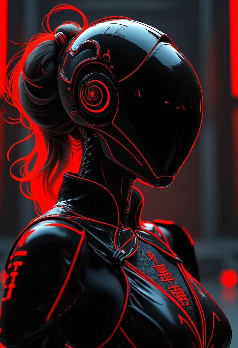 BNR style, photorealistic image of a cyberpunk robot samurai woman in black and red armour, robot face with mirrored face shield reflecting light, hyperdetailed helmet, robot joints and wires, dark abstract background suggesting eastern asian temple