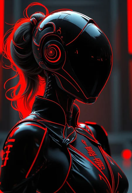 BNR style, photorealistic image of a cyberpunk robot samurai woman in black and red armour, robot face with mirrored face shield reflecting light, hyperdetailed helmet, robot joints and wires, dark abstract background suggesting eastern asian temple