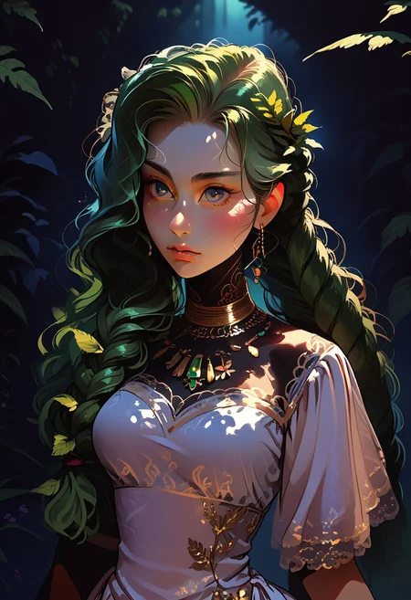 score_9, score_8_up, score_7_up, source_anime, source_cartoon, a detailed portrait of a fierce female warrior, her design inspired by the natural elements of cannabis plants. She has long, flowing green hair resembling cannabis leaves, with intricate patterns of veins running through them. Her armor is very revealing and is made from vines and leaves, featuring shimmering emerald and gold tones that reflect light like trichomes. Her piercing eyes glow with a serene yet powerful intensity. The background is a mystical, foggy forest with giant cannabis plants towering behind her, their leaves gently swaying in the wind. The overall atmosphere is ethereal and earthy, blending nature and strength.