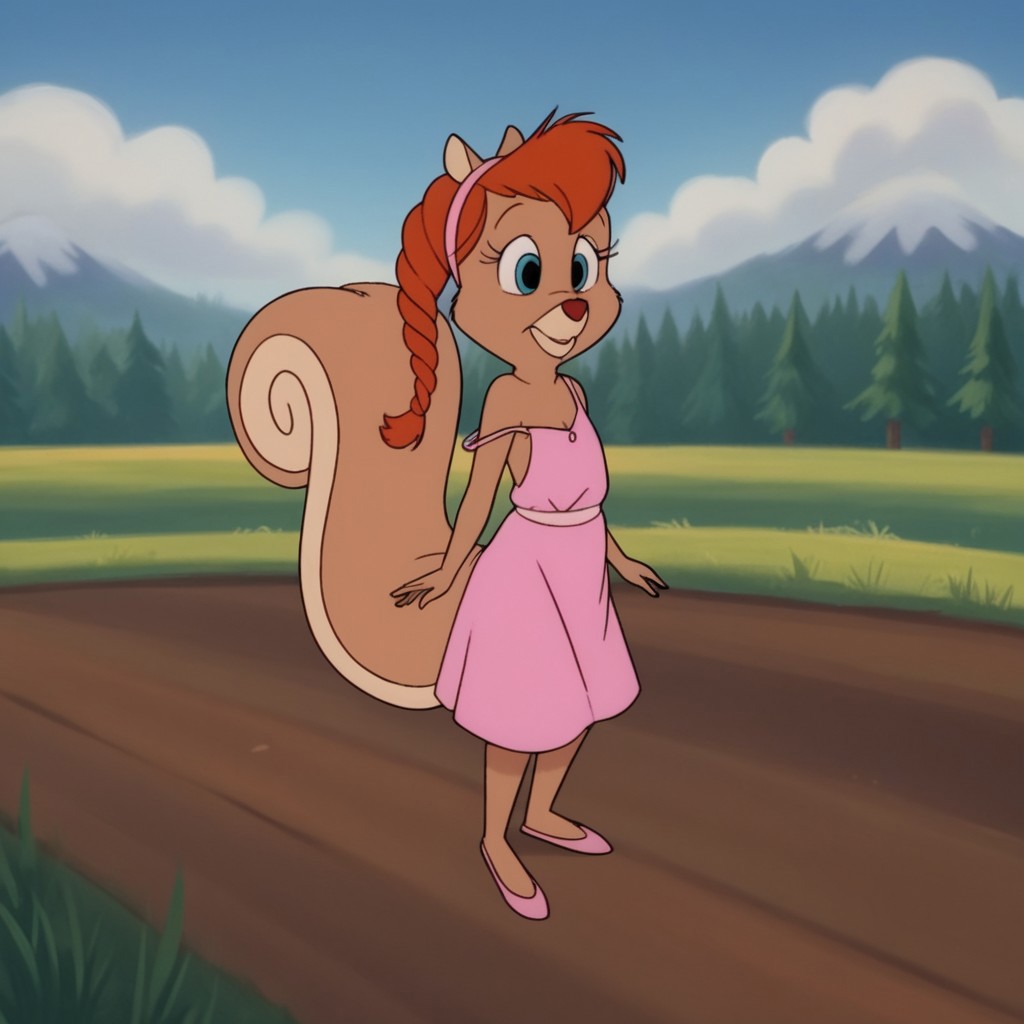 score_9, score_8_up, score_7_up, score_6_up, score_5_up, score_4_up, source_furry,  tammysqrrlv2, semi-anthro, female, squirrel, brown fur, red hair, blue eyes, solo,  pink headband,  meadow, sundress, strap slip ,
