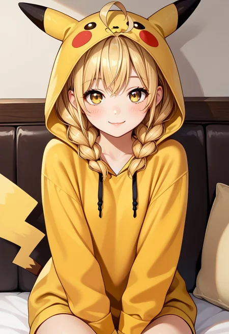 score_9, score_8_up, score_7_up, source_anime, 
detailed eyes, eye reflection,
fujita kotone, blonde hair, braid, twin braids, yellow eyes, twintails, low twintails, ahoge,
hair bow, black bow,
<lora:pikachu-cosplay-ponyxl-lora-nochekaiser:1>, pikachucosplay, pikachu \(pikachu\), character print, hood, hoodie, yellow hoodie,
indoors,
1girl, blush, smile,
sitting,