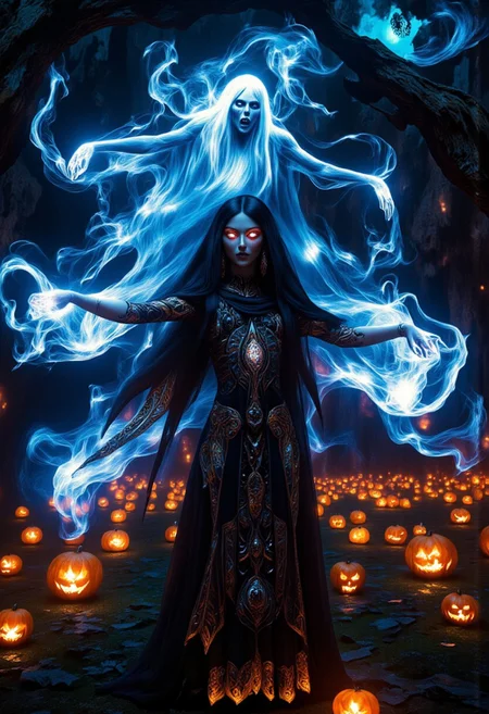score_9, score_8_up, score_7_up, full body, long shot, pale Halloween ghosts gliding over a pumpkin patch, detailed