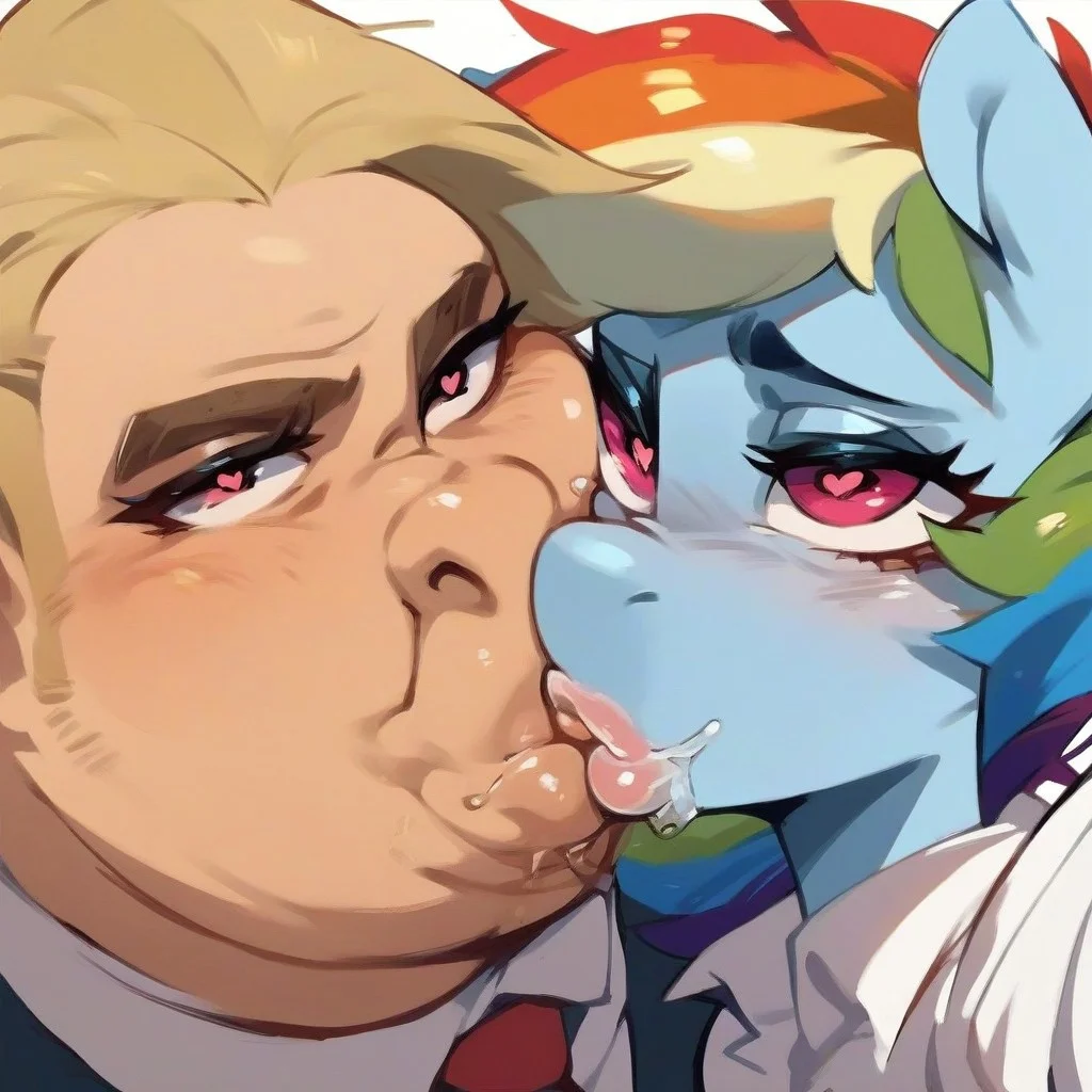 score_9_upscore_8_up, score_7_up, score_6_up, score_5_up, source_anime, source_pony,1girl, Rainbow Dash,thick lips,my little pony,1boy, collaborative female and man,ugly man, saliva, spittle, slobber, saliva trail, saliva string, looking at another, selfie,heart-shaped pupils, wide hips,kissing
