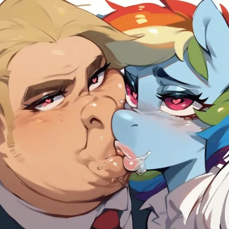 score_9_upscore_8_up, score_7_up, score_6_up, score_5_up, source_anime, source_pony,1girl, Rainbow Dash,thick lips,my little pony,1boy, collaborative female and man,ugly man, saliva, spittle, slobber, saliva trail, saliva string, looking at another, selfie,heart-shaped pupils, wide hips,kissing