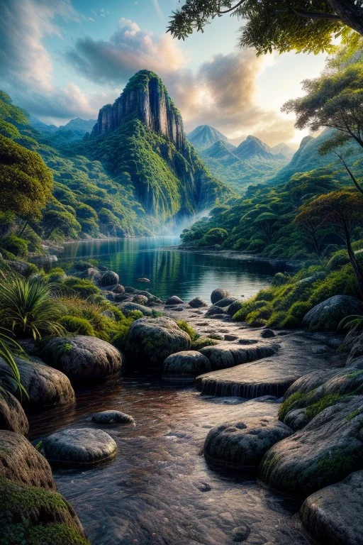 beautiful enchanting landscape, 64k, UHD, jungle, mountains, lake, ((masterpiece, ultimate quality)), sharp focus, beautiful scenery, highres, highly detailed, superrealistic, photorealistic, digital painting, concept art, intricated details, absurdres, epic, highiest texture resolution, detailed scenery, hyperrealistic, cinematic lighting, vivid colors, dynamic angle