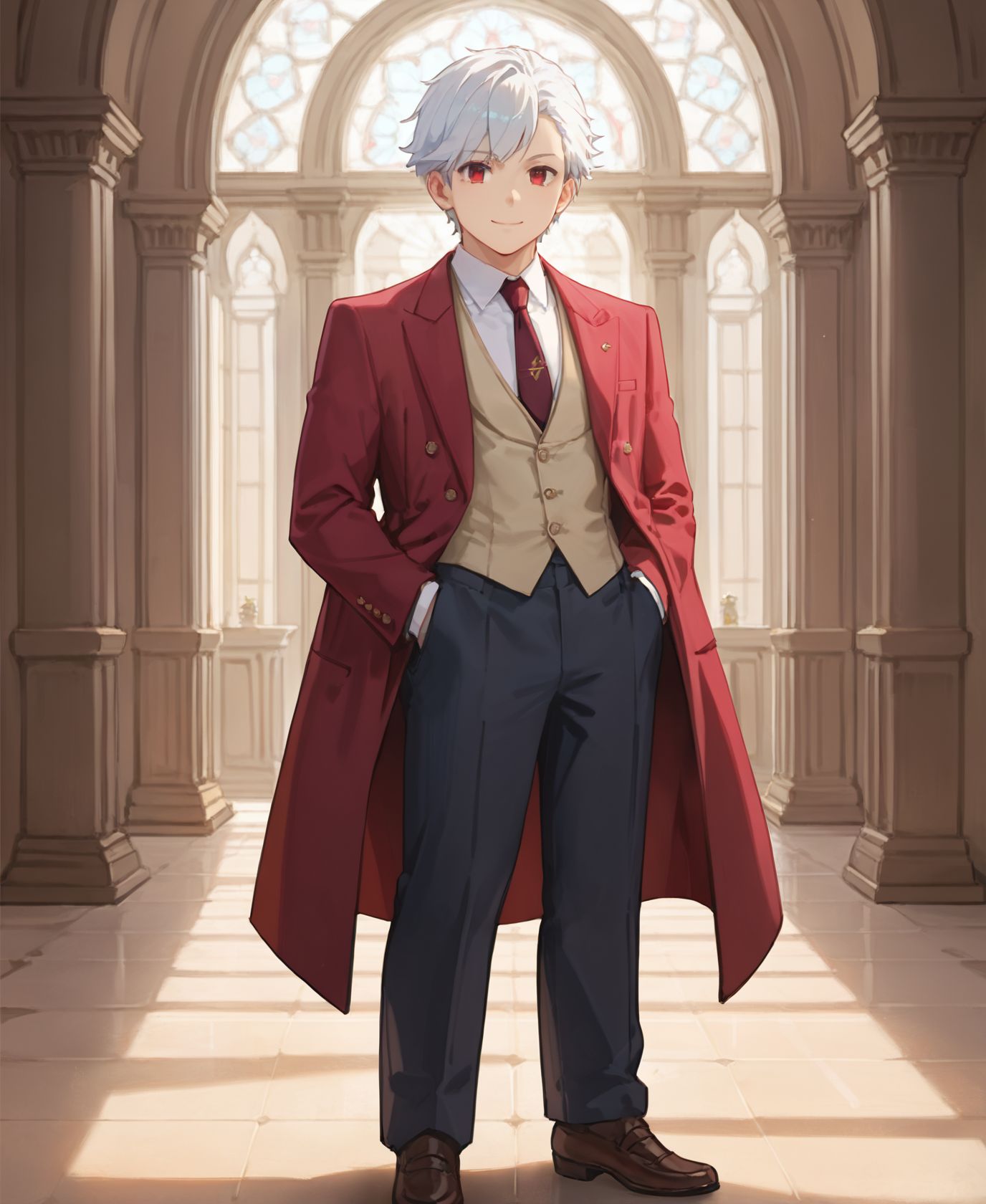 score_9,score_8_up,score_7_up,masterpiece, best quality, <lora:WHM 0.2v:0.5>, WHM, 2D,anime,  
<lora:HandFixer_pdxl_Incrs_v1:0.5>,  
<lora:bell01:0.7>full body, bell01, solo, 
1boy, looking at viewer, smile, shirt, red eyes, closed mouth, white hair, necktie, formal, suit,red  tailcoat,