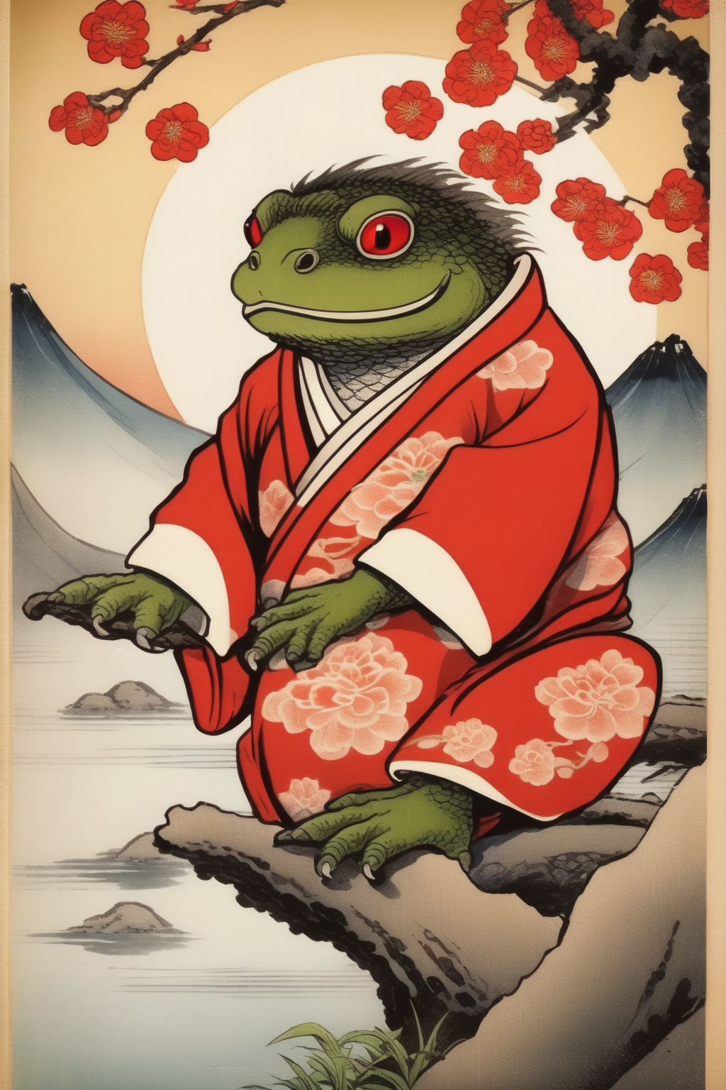 <lora:Ohara Koson Style:1>Ohara Koson Style - kappa japanese folklore done in japanese style with the background