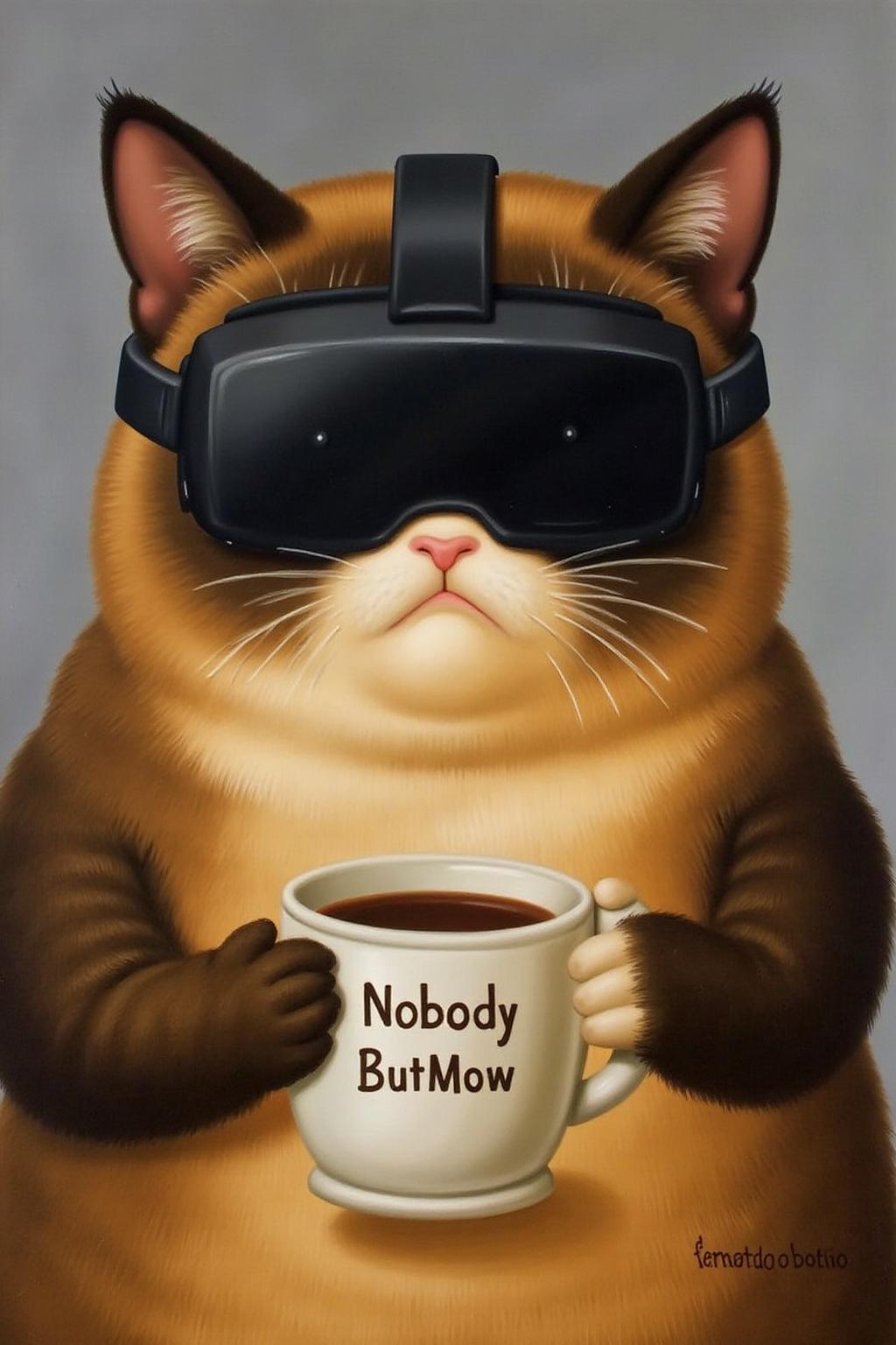fernandobotero1 painting.
Grumpy Cat holding a coffee mug, wearing a VR Headset. The mug has the phrase "NobodyButMeow" printed
 <lora:fernandobotero1_cap_d6a3e7:1.0><lora:840275961942488862:0>