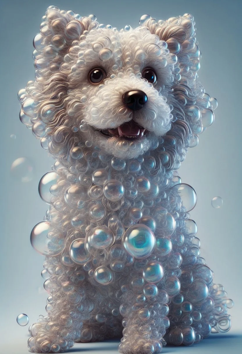 4k, realistic, fluffy hair, dark brown dog, happy look, light blue background ,full of Soap bubbles, colorful bubbles, bright bubbles,floating,