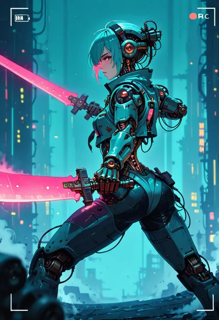 <lora:ck-nc-cyberpunk-IL-000011:1>, masterpiece, best quality, good quality, very aesthetic, absurdres, newest, 8K, depth of field, focused subject, Wabi-sabi (woman:0.3) assassin with (cyborg face parts),cyborg cybernetic enhancements, looking at the viewer, wielding an (enormous sci-fi sword) with mechanical parts at the viewer, (action pose, action shot ), action camera effects, intricate detailed, epic quality, profile picture, mechanical, background is a cyborg lab she is trying to escape from. manga, in the style of cknc