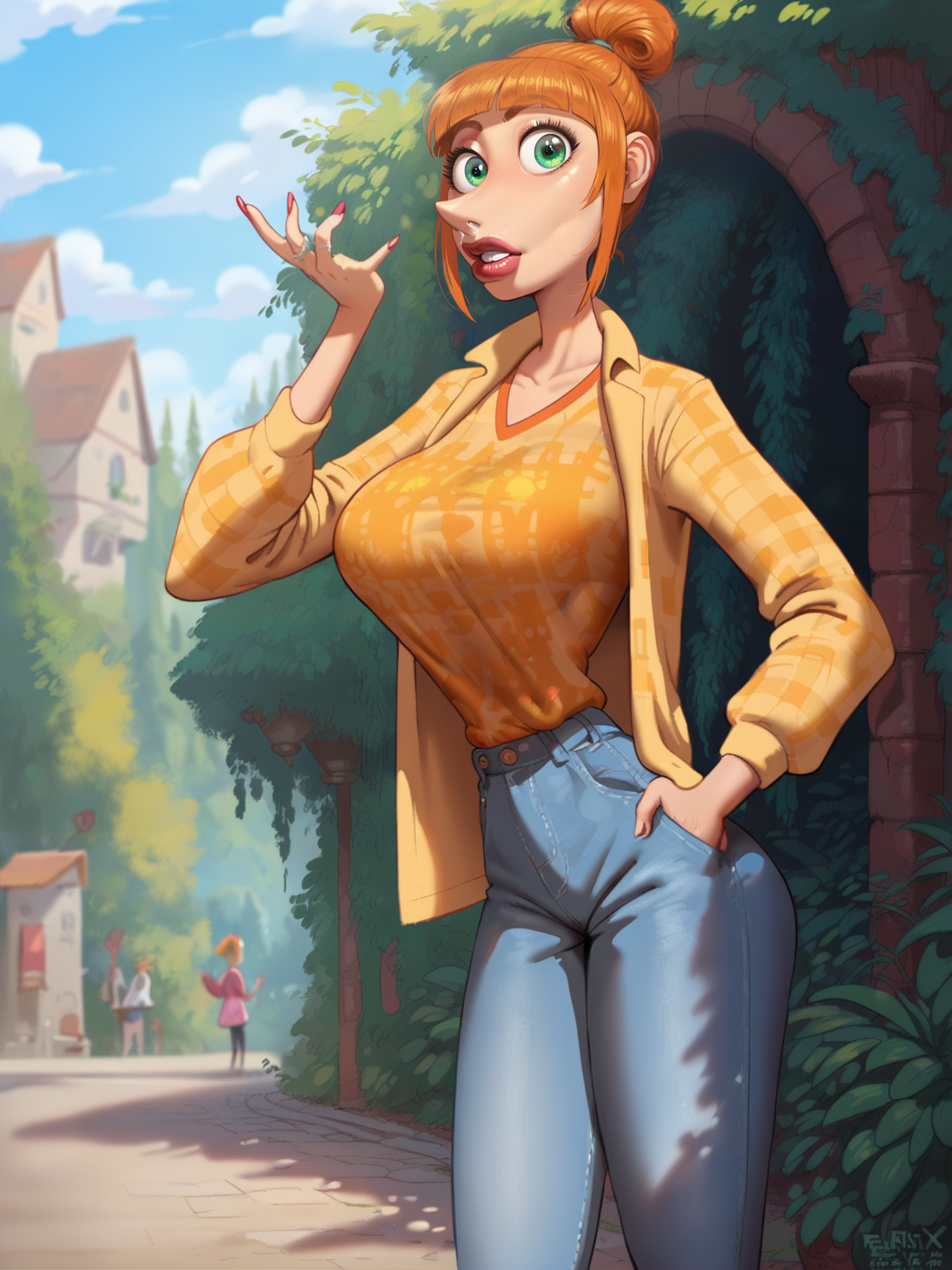 <lora:Lucy:0.5> lu_sy, 1girl, green eyes, bright red hair, bun hair, bangs, fair skin, curved big nose, thin body,
 <lora:fellatrix_style:1> big breasts, bimbo, score_9, score_8_up, score_7_up,