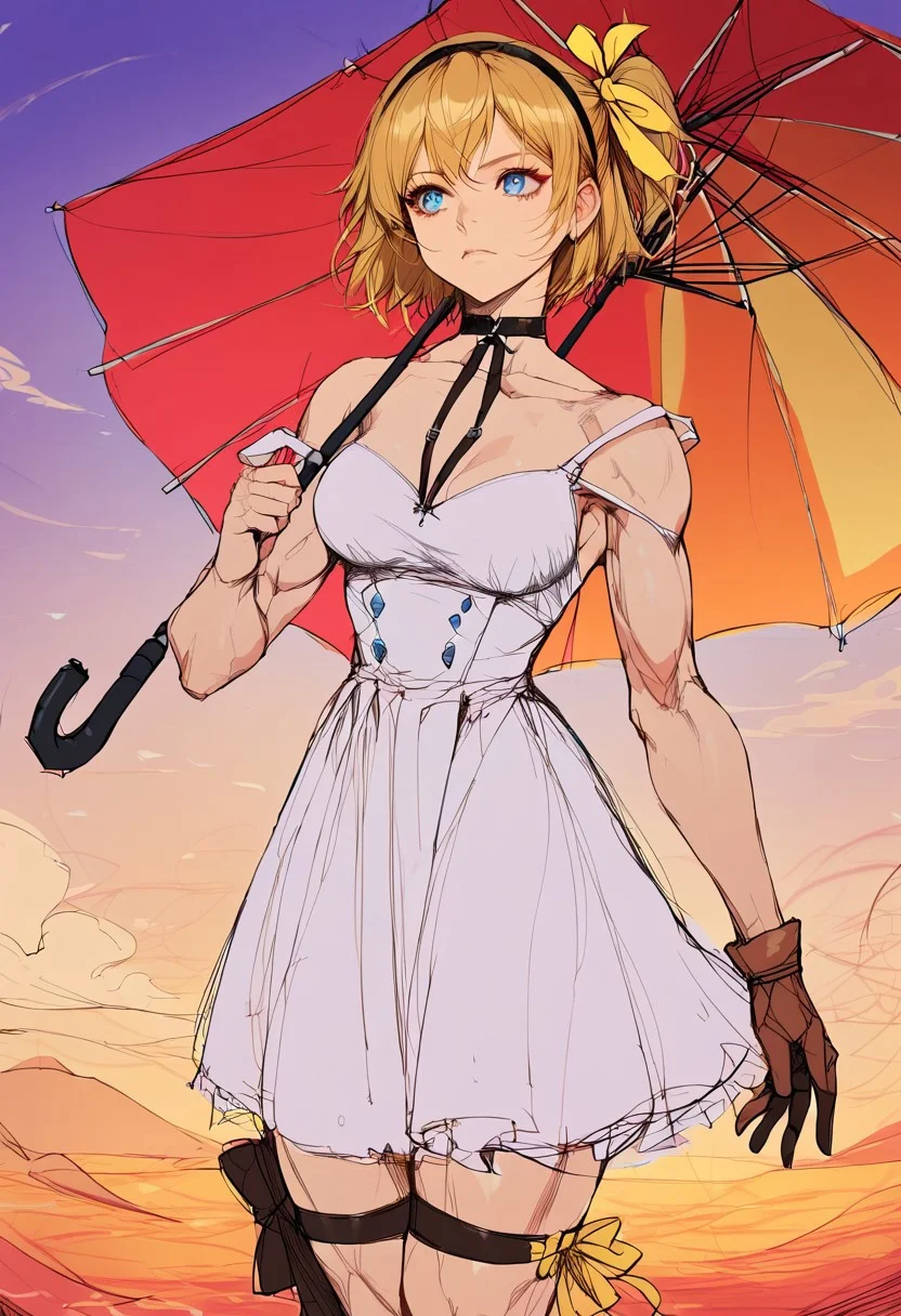 masterpiece, high res, best quality, score_9, score_8_up, score_7_up, IllusP0s, clear eyes, detailed eyes, highly detailed,
1girl, solo, short hair, blonde hair, side ponytail, hair ribbon, black hairband, blue eyes, medium breasts, black choker, single glove, strap slip, white dress, brown gloves, leg ribbon, yellow ribbon,  colorful umbrella, holding umbrella, rainbow sunset detailed muscles, perfect face, muscular female, detailed eyes,  sunset, flat color, colourful sky, extreme muscularity, detailed background, extreme muscle definition, closed mouth, cute face, sketch, Inoitoh style, full body