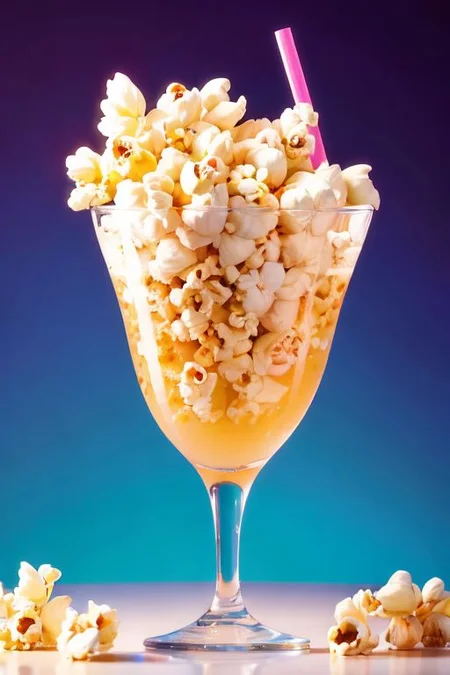 thoughtful, popcorn-shaped cocktail with a straw on a beautiful comic-style background,