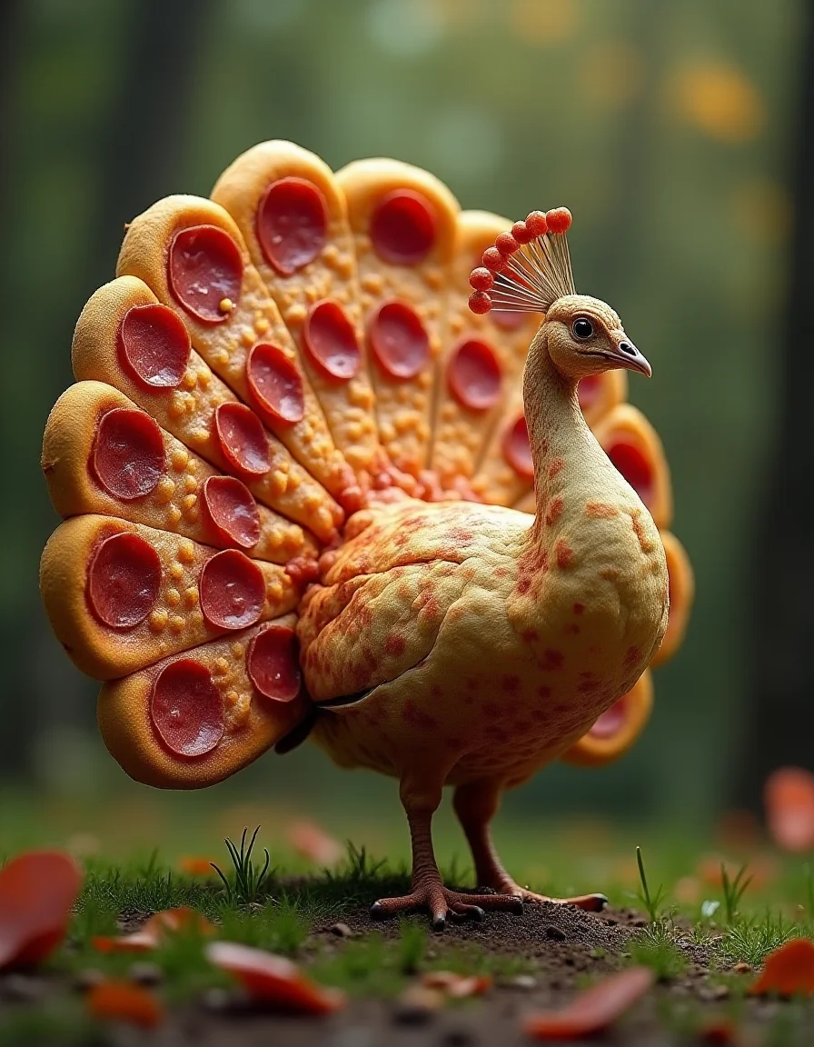 digital art of a peacock in nature, the tail of the peacock is made entirely out of pizza,the eyes on the tail are represented by salami slices,the image represents an unnatural mockery of nature,the image has a realistic looking texture and lighting