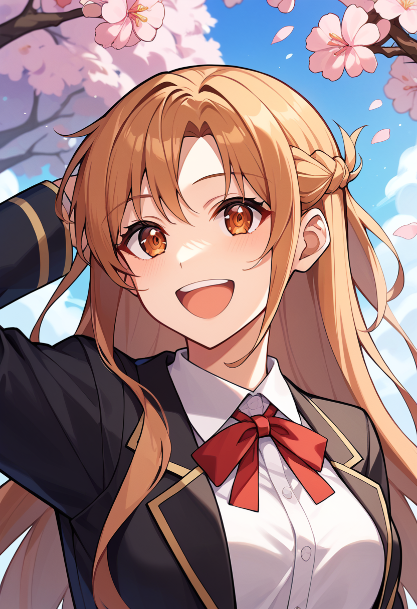 Score_9, score_8_up, score_7_up, score_6_up, scre_5_up, source_anime, BREAK, ASAOM, 1girl, white shirt, brown eyes, school uniform, black jacket, red ribbon, smile, open mouth, brown hair, neck ribbon, french braid, cherry blossoms, :d, upper body, long sleeves, flower, skirt, <lora:AsunaAIO-XL-V3:1>