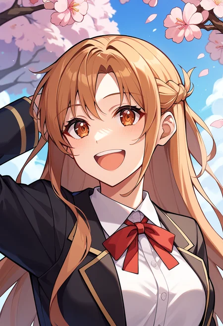 Score_9, score_8_up, score_7_up, score_6_up, scre_5_up, source_anime, BREAK, ASAOM, 1girl, white shirt, brown eyes, school uniform, black jacket, red ribbon, smile, open mouth, brown hair, neck ribbon, french braid, cherry blossoms, :d, upper body, long sleeves, flower, skirt, <lora:AsunaAIO-XL-V3:1>