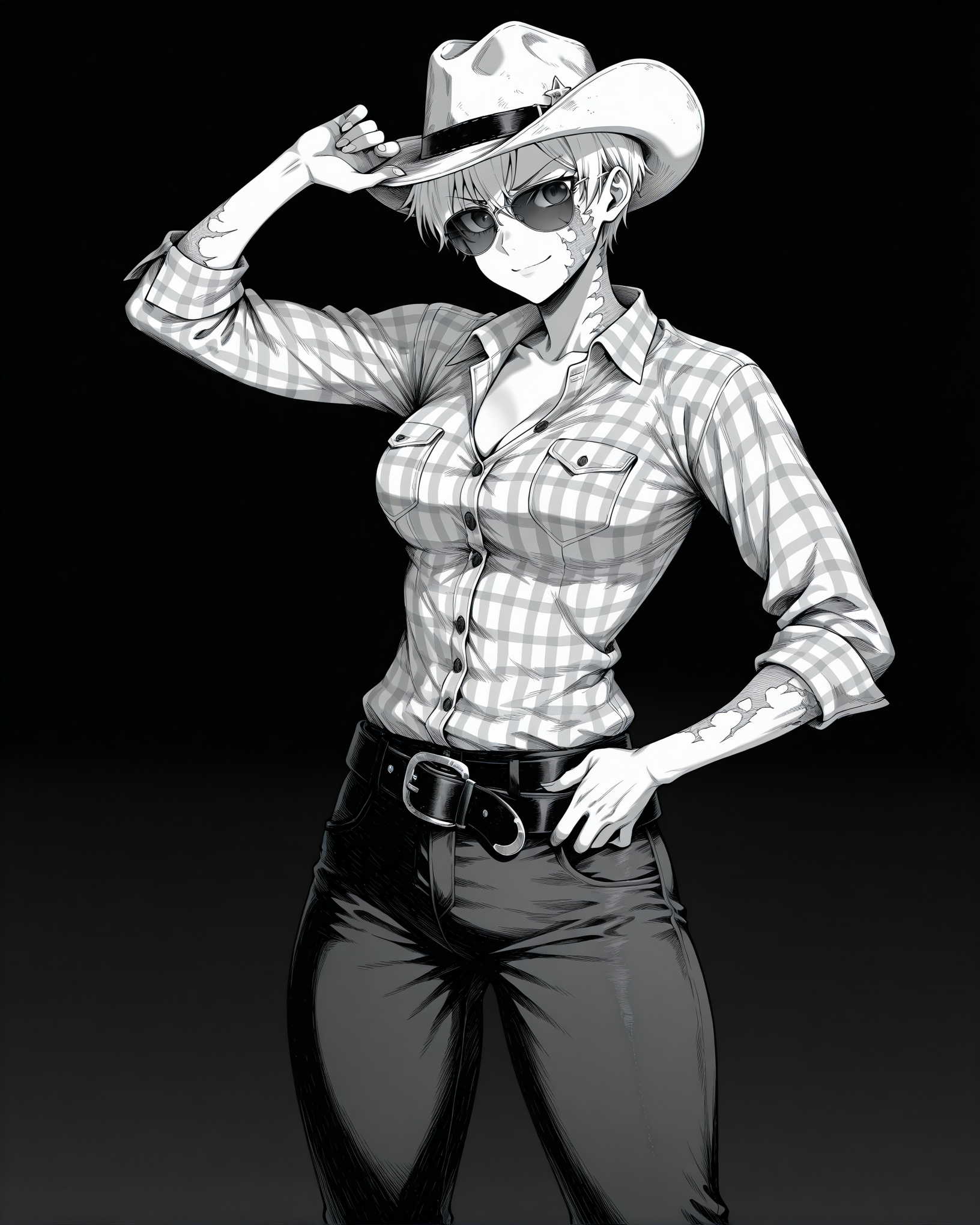 masterpiece, best quality, amazing quality, very aesthetic, absurdres, newest, HuntStyle,  ink (medium), greyscale, hatching (texture), creepy, horror, cowboy shot, 1girl, solo, tomboy, toned female, white hair, pixie cut, dark grey eyes, cowgirl \(western\), burn scar, full body scar, white cowboy hat, aviator sunglasses, plaid shirt, open collar, dark jeans, cowboy boots, standing, v-shaped eyebrows, serious, light smile, hat tip, hand on belt, dark background, black background, looking at viewer, gradient background,  <lora:StS-Illustrious-Detail-Slider-v1.0:5><lora:detailed hand focus style illustriousXL v1:0.7><lora:StS_Age_Slider_Illustrious_v1:-1> <lora:Hunt_Showdown_Style:0.7>