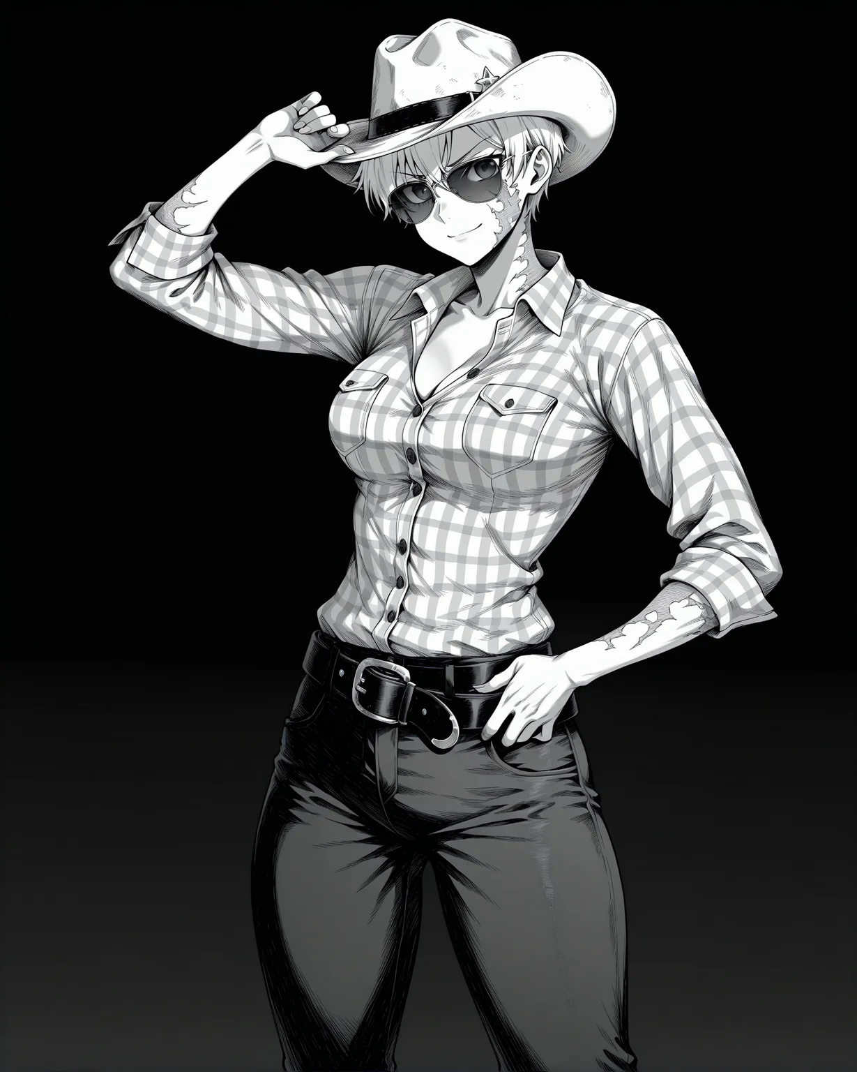 masterpiece, best quality, amazing quality, very aesthetic, absurdres, newest, HuntStyle, ink (medium), greyscale, hatching (texture), creepy, horror, cowboy shot, 1girl, solo, tomboy, toned female, white hair, pixie cut, dark grey eyes, cowgirl \(western\), burn scar, full body scar, white cowboy hat, aviator sunglasses, plaid shirt, open collar, dark jeans, cowboy boots, standing, v-shaped eyebrows, serious, light smile, hat tip, hand on belt, dark background, black background, looking at viewer, gradient background, <lora:StS-Illustrious-Detail-Slider-v1.0:5><lora:detailed hand focus style illustriousXL v1:0.7><lora:StS_Age_Slider_Illustrious_v1:-1> <lora:Hunt_Showdown_Style:0.7>