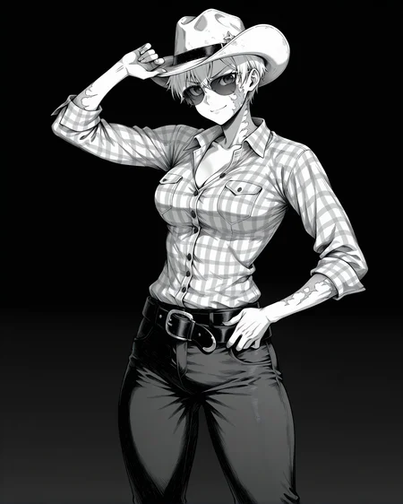 masterpiece, best quality, amazing quality, very aesthetic, absurdres, newest, HuntStyle,  ink (medium), greyscale, hatching (texture), creepy, horror, cowboy shot, 1girl, solo, tomboy, toned female, white hair, pixie cut, dark grey eyes, cowgirl \(western\), burn scar, full body scar, white cowboy hat, aviator sunglasses, plaid shirt, open collar, dark jeans, cowboy boots, standing, v-shaped eyebrows, serious, light smile, hat tip, hand on belt, dark background, black background, looking at viewer, gradient background,  <lora:StS-Illustrious-Detail-Slider-v1.0:5><lora:detailed hand focus style illustriousXL v1:0.7><lora:StS_Age_Slider_Illustrious_v1:-1> <lora:Hunt_Showdown_Style:0.7>