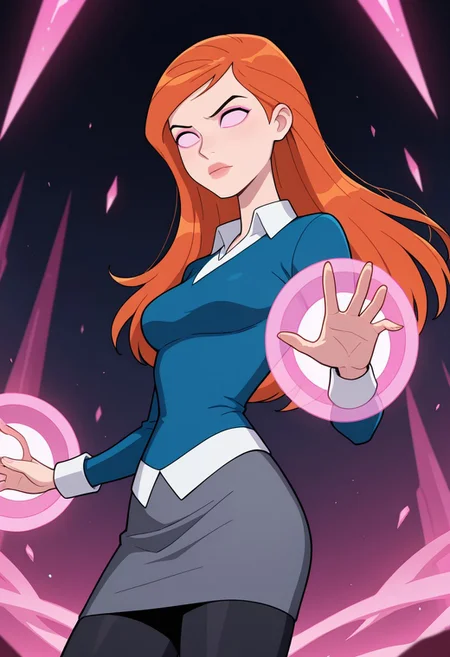 gwenuaf, 1girl, long hair, solo, orange hair, lips, breasts, collared shirt, long sleeves, blue shirt, white shirt collar, dark grey skirt, black pants,,  solo,, orange hair, lips, breasts, masterpiece, best quality, amazing quality, very aesthetic, absurdres, newest, battle background, 
pink constructs, pink powers, no pupils, no eyes, pink sclera, floating, floating pink constructs, floating pose,