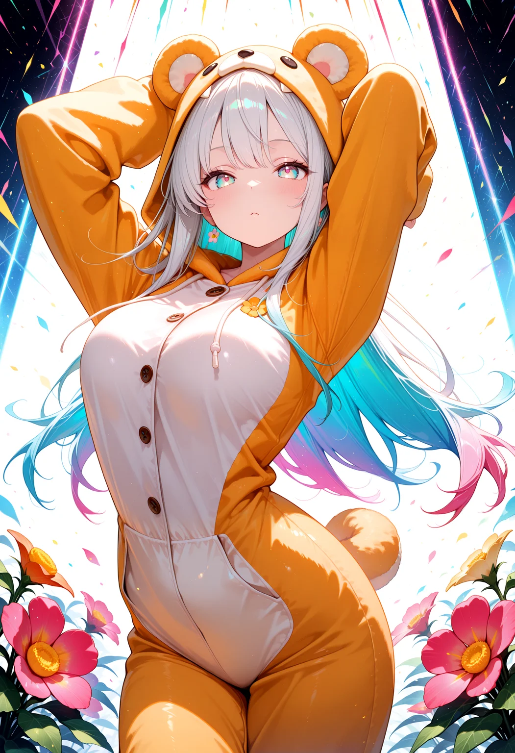 lazympos, newest, highres, absurdres, 1girl, flower, cute, animal costume, pose, dynamic light, colorful, bright,