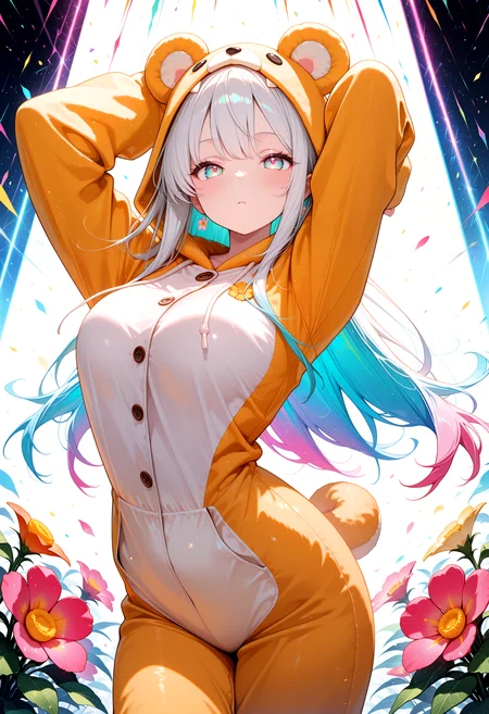 lazympos, newest, highres, absurdres, 1girl, flower, cute, animal costume, pose, dynamic light, colorful, bright,