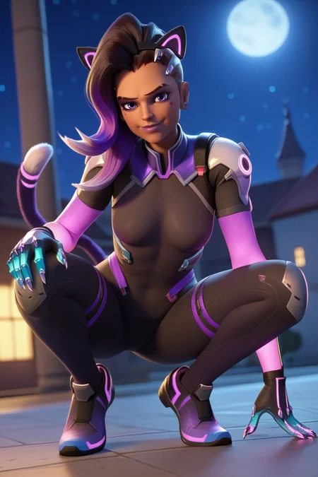 score_9, score_8_up, score_7_up, BREAK, <lora:owc-guy-PONYv1:1>, 1girl, solo, sombra \(overwatch\), bodysuit, night, night sky, moon, glowing, depth of field, squatting, tail, cat ears, looking at viewer, rooftop, seductive smile, fake animal ears,