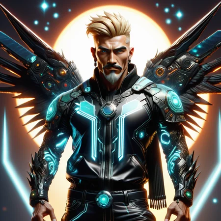hyper detailed masterpiece, dynamic, awesome quality,DonMT3chW0rldXL male tech blackmailer, gene-spliced hybrids, beings resulting from genetic manipulation, exhibiting a mix of species traits, aging gracefully wholesome, central asian, black eyes, pointed ears, curved nose, low forehead, unique face shape, sculpted biceps, chevron mustache , sandy blonde taper haircut hair, satisfaction, balanced stance, character stands with feet together and arms at the sides, maintaining perfect balance, solar-powered solar flare wings wearing quantum fabric hiking shorts, neon sequin bomber, ,microchip pendant , running start, character leans forward with one foot back, poised for a sprint, cyber-noir <lora:DonMT3chW0rldXL-000009:1>,