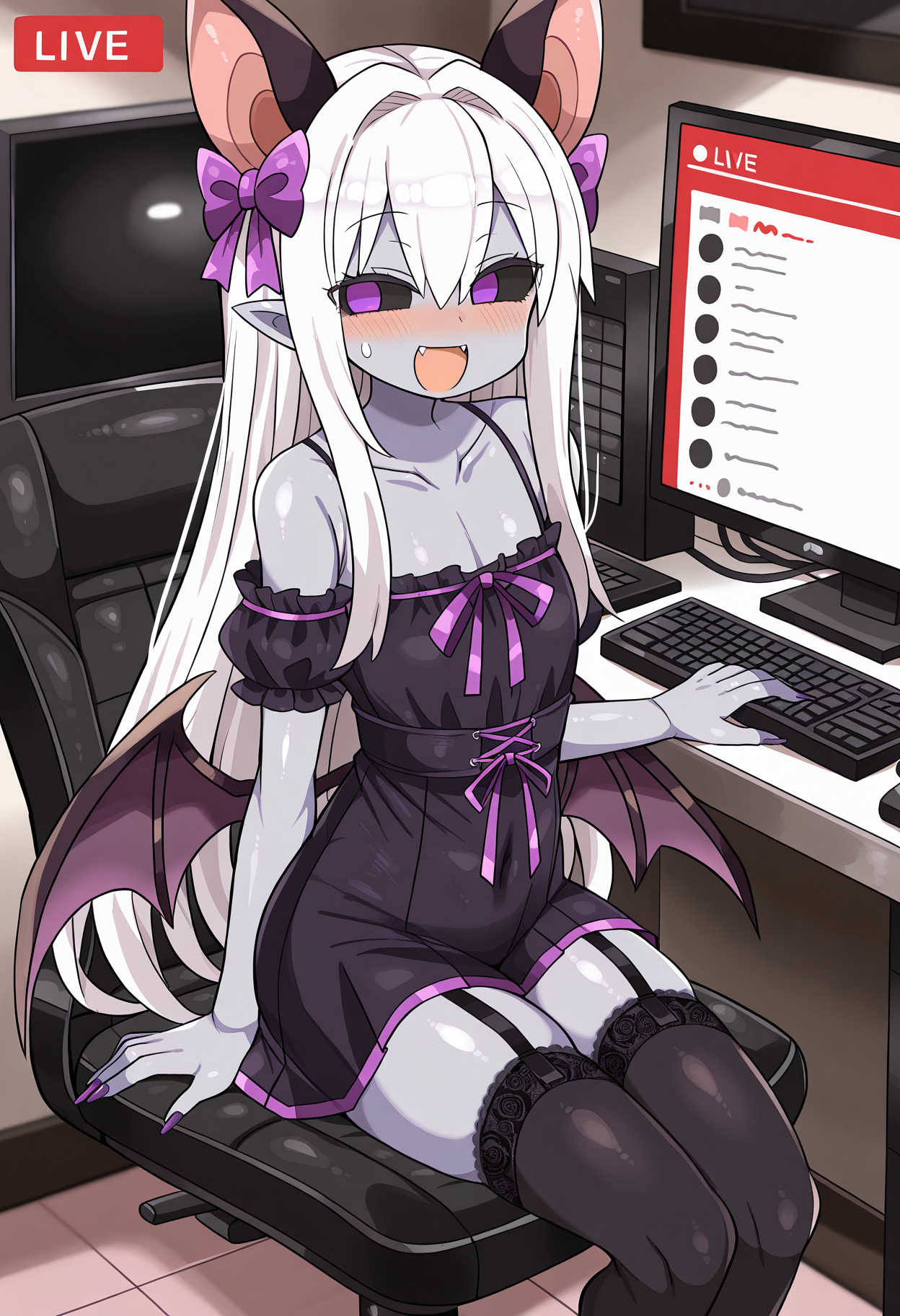 masterpiece,best quality,amazing quality,
solo,1boy, trap, small eyes, black sclera, purple eyes, without pupils, color skin, grey skin, bat ears, bat wings, long nails, fangs, long hair, white hair, skinny,
smile, monitor, garter straps, thighhighs, blush, bare shoulders, skirt, computer, hair bow, sitting, livestream, ^ ^, open mouth, dress, keyboard (computer), :d, collarbone, bow,
<lora:kanikamaIL-style:1>, kanikamastyle,