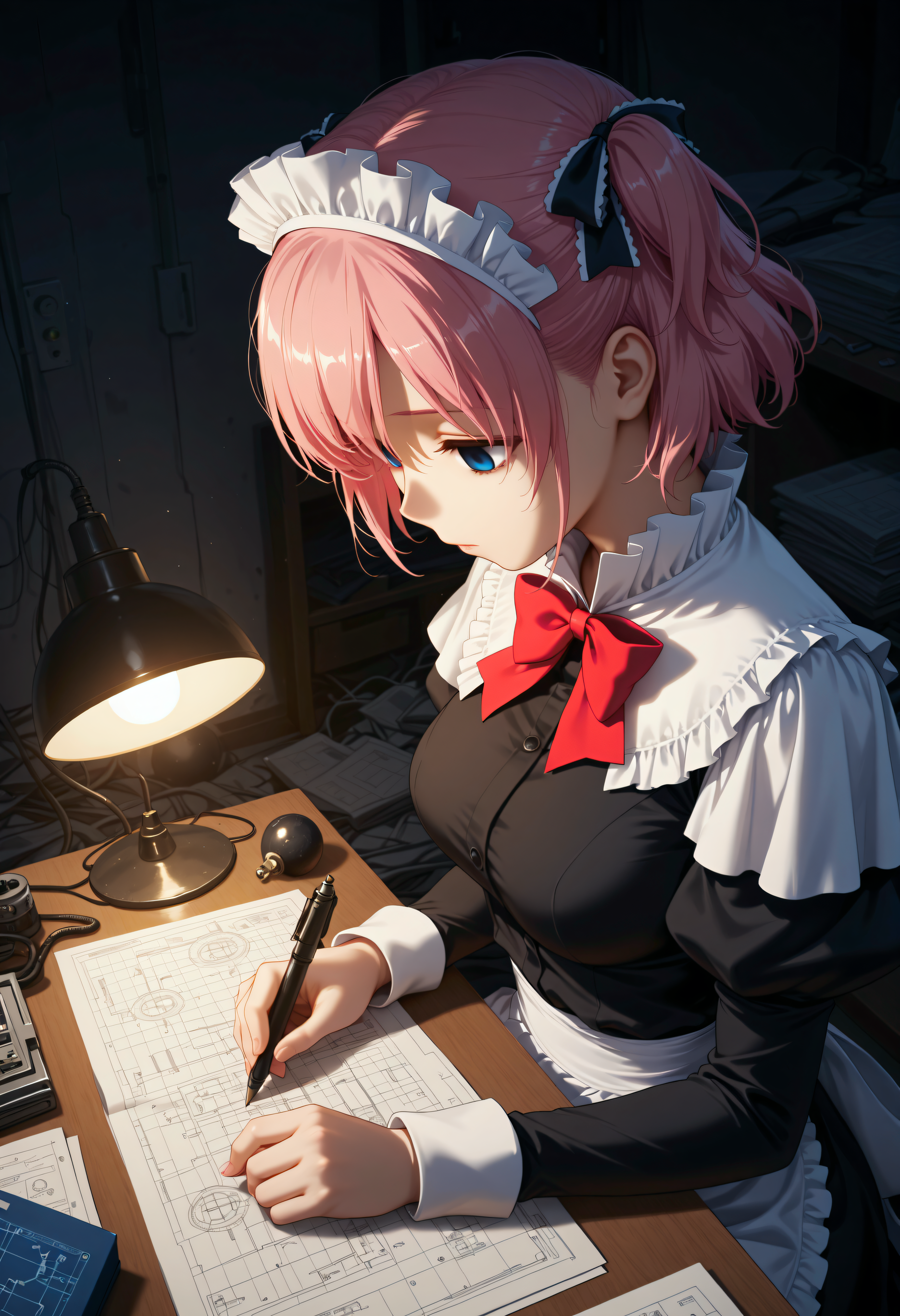 solo, <lora:Char_KomineSachi:1>, blue eyes, pink hair, short hair, two side up, hair ribbon,
S4ciM4id, maid headdress, black dress, frilled dress, frilled collar, capelet, red bowtie, juliet sleeves, long sleeves, upper body, 
 from side, from above, messy room, empty eyes, dark, table, table lamp, sitting, circuit board, writing, bomb, blueprint \(object\), looking down
