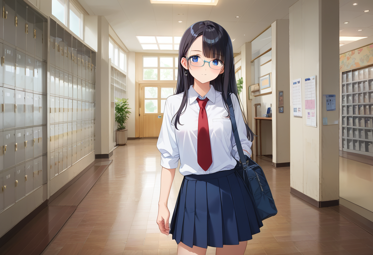 score_9, score_8_up, score_7_up, rating_safe, masterpiece, best quality, absurdres, unity 8k wallpaper, official art, official style, source_anime, uncensored, game cg, megami magazine,
1girl, solo, glasses, black hair, long hair, blue eyes, collared shirt, red necktie, pleated skirt, blue skirt, looking at viewer, blush, 
getabako, scenery, window, calendar (object), indoors, school, door, hallway
 <lora:gakkou_getabako_PONY_V1:1>