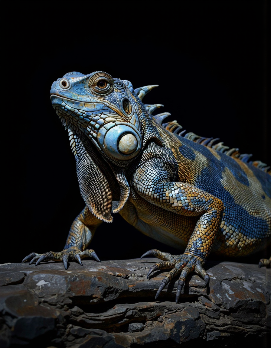 A detailed high resolution black and white cinematic photograph of a tanning iguana closeup in blue and gold, realistic, perfect composition and chiaroscuro by Rembrandt, Dark environment, black over black background.