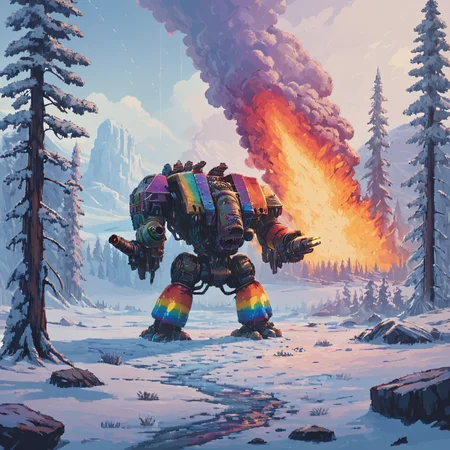 a four meter tall rainbow themed drdnght machine with heavy gun and rocket pod walks through icy tundra searching for enemies who hide behind frozen trees and boulders waiting in ambush, fire and flames spit from its flamethrower,