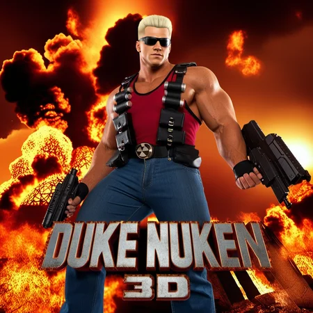 DukeNukem1024, a muscular blond manholding two guns in front of a fire filled sky with smoke and flames behind him, with the words "duke nuken 3d" , highly detailed, photography, ultra sharp, film, professional, 64k <lora:add-detail-xl:1.5> <lora:DukeNukem1024:0.8>