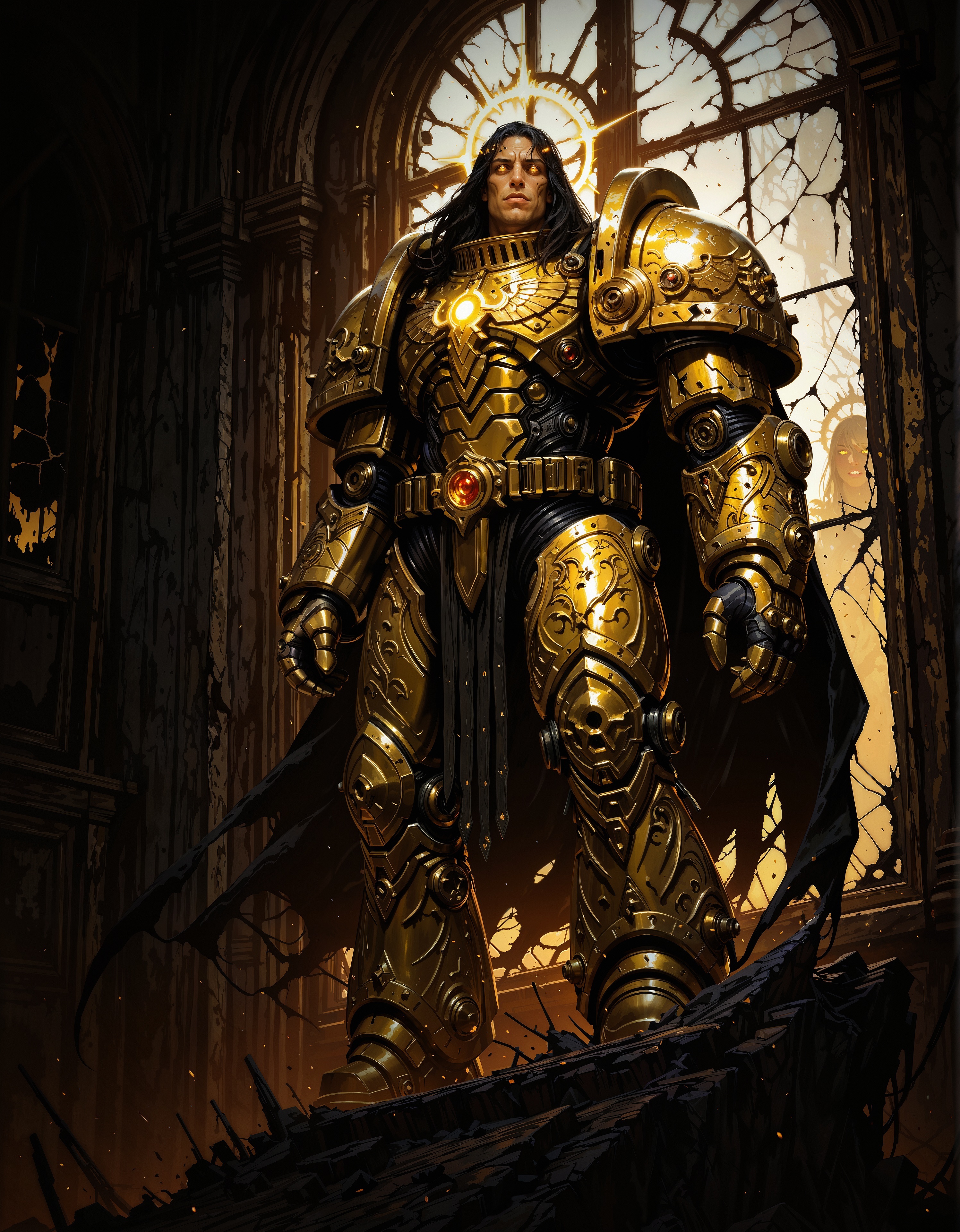 masterpiece, best quality,high quality, newest, highres,8K,HDR,absurdres, realistic, 1boy, iLLEmperor40k, power armor, golden armor, solo, dark hair, glowing eyes, broken window, silhouette, creepy, backlit, haunted, dutch angle, dark interior, solo, mid shot, dutch angle,
<lora:iLLEmperor40k:1>  <lora:iLLMythM4gicalL1nes:0.8> M4gicalL1nes