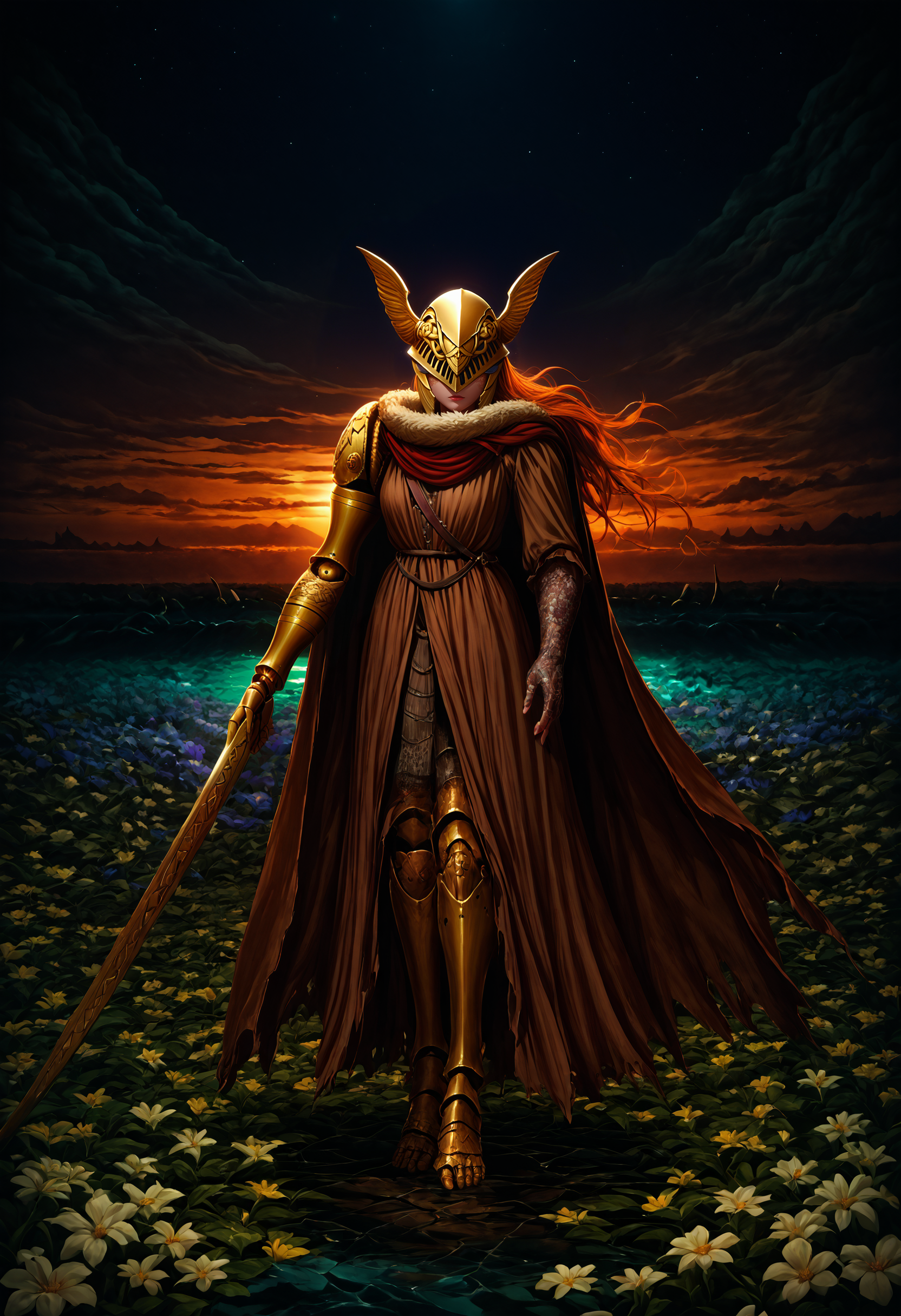 score_9, score_8_up, score_7_up, detailed, aesthetic, 8k unreal engine photorealism, ethereal lighting, purple, nighttime, darkness, surreal art, fantasy, glowing, <lora:Malenia_XLPD:1> MaleniaDef, armor, cape, helmet, brown dress, prothestic leg, single mechanical arm, prosthesis, mechanical leg, sword, holding sword, full body, wide shot, flower, water, solo, sunset, night, (dark environment),
