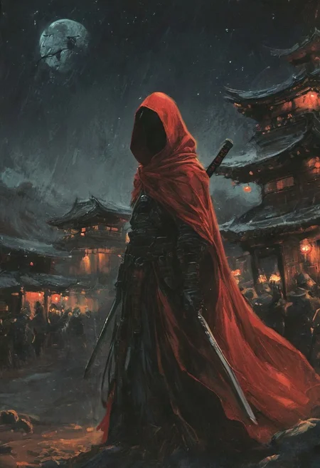 satan monks ronin army ,hundreds, india architecture, strong bright , The neon hues of her aura paint the air, a vivid testament to her inner strength and focus. distant shot, An intense action scene a beautiful japan ninja girl wearing a red hooded cloak and white mask, dark crow standing on her shoulder, 6crow, snow at night, dark lighting, horror, (((fight))), carrying a katana, sad, cobblestone path with winter and bloody snow, japan vilage, hyper detailed comprobo weapon, holding bloody sword, battoujutsu, battoujutsu stance, ready to draw, sheathed, unsheathing, scabbard, fighting stance, extremely intricate detail character, accurate depiction of character, correct body anatomy, correct hands and fingers, extremely intricate skin and facial texture detail, design, extreme dynamic pose, sfw, sharp background detail, wide shot, intimidating retro 90's, red, black, science fiction, a dark sky lit by the glow of distant moons and neon lights. rockpunk, yoji shinkawa, James Jean, Ayami Kojima, village. colorful (polaroid:0.7) with vibrant colors, (vacations, high resolution:1.3), (small, selective focus, european film:1.2), (sexual advance:1.1), ,end of hopes ,silence, extremely detailed,dark,sad, easy negative, digital artwork by Beksinski, extremely detailed, dark, chiaroscuro, low-key,in the style of Kelly Slater ,style by Kelly Slater,closeup,digital artwork by Beksinski, style of Kelly Slate, human in red robe with cloacked face but the withs of a lacewing bug