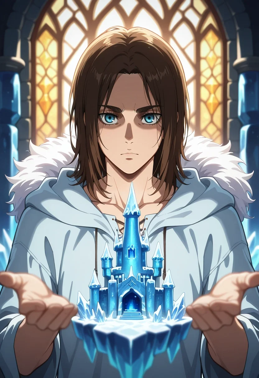 masterpiece, best quality, , , , depth of field, 1boy, solo, male focus, <lora:eren_yeager_ilxl:0.86>, eren_yeager_s4, brown hair, blue eyes, medium hair, ice castle, frost patterns, crystal windows, frozen throne, royal pose, dignified expression, morning light,