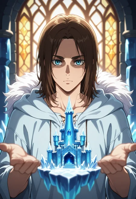 masterpiece, best quality, , , , depth of field, 1boy, solo, male focus, <lora:eren_yeager_ilxl:0.86>, eren_yeager_s4, brown hair, blue eyes, medium hair, ice castle, frost patterns, crystal windows, frozen throne, royal pose, dignified expression, morning light,